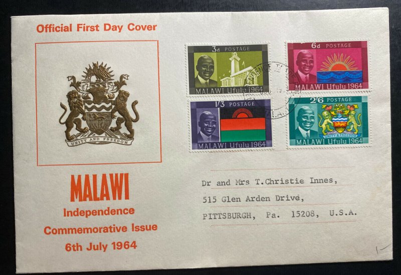 1964 Malawi First Day Airmail Cover To Pittsburgh USA Independence 