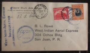 1927 Haiti First Flight Airmail Cover FFC To San Juan Puerto Rico Rowe Signed