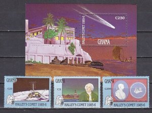 Ghana, Scott cat. 1029-1031, 1032. Halley`s Comet set & s/sheet.