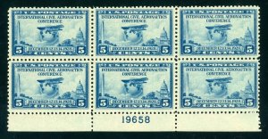 US Stamp #650 Aeronautics Conference 5c - Plate Block of 6 - MNH - CV $60.00