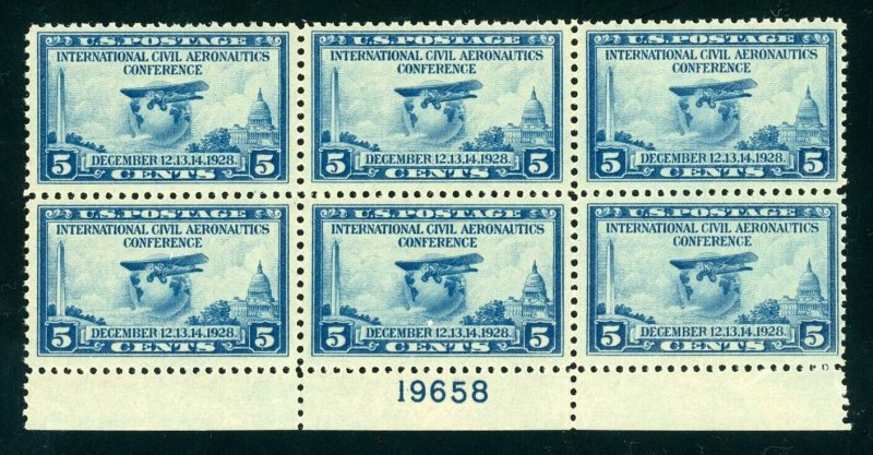 US Stamp #650 Aeronautics Conference 5c - Plate Block of 6 - MNH - CV $60.00