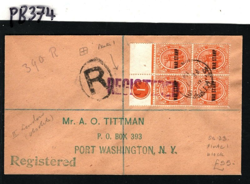 ST KITTS SG.23 Cover 1½d Plate Block{4} *WAR STAMP* Registered USA 1919 PB374