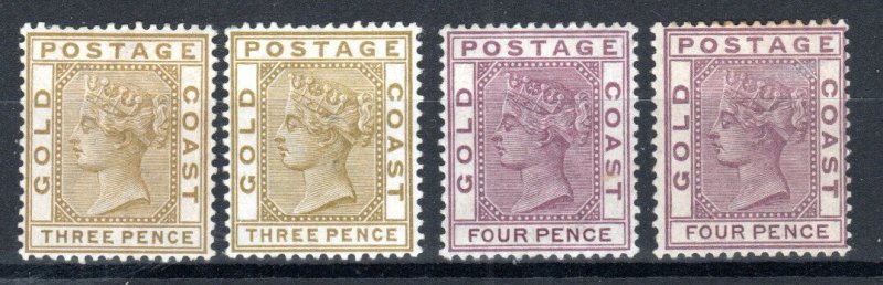 Gold Coast 1889 and 1885 3d, 4d Queen Victoria + shades SG 15-15a and 16-16a MH