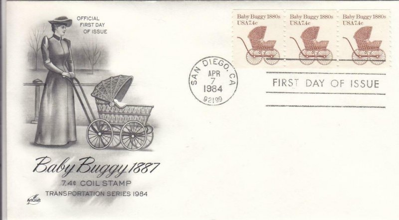 1984, 7.4 Coil Stamp, Baby Buggy, Strip/3, Artcraft, FDC (D13087)