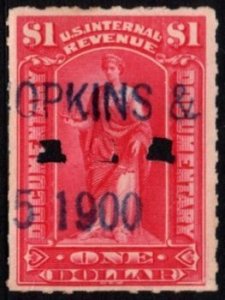 1898 US Revenue Scott #- R182 1 Dollar Documentary Used Punch Cancel