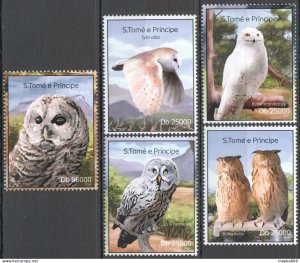 Ss1637 2014 Sao Tome & Principe Owls Birds Fauna #5594-98 1Set Mnh