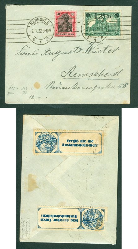 Germany. Cover 1922. 2 Poster Seal. Don't Forget The Germans Abroad.# 115+171