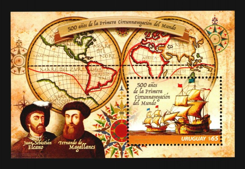 Uruguay Magellan Elcano world map globe cartography ship vessel navigator MNH 