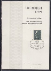 Ersttagsblatt 2/76 Scott 1205  - Konrad Adenauer