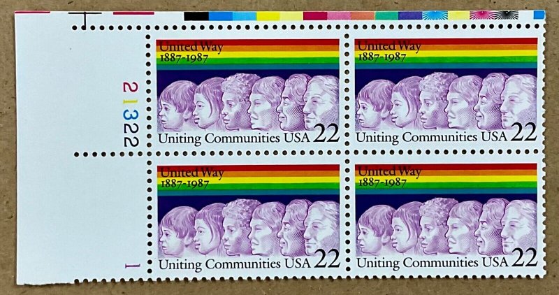 2275 United Way 100th Anniv. 25 MNH 22c Plate Blocks FV $22.00 issued 1987