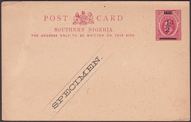 SOUTHERN NIGERIA EVII ½d opt postcard - SPECIMEN............................y341