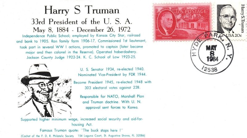 US EVENT CACHET COVER 33rd PRESIDENT OF THE U.S.A. HARRY S. TRUMAN HISTORY 1984