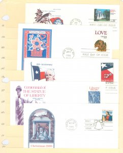 US 2167/2244 1986 5 different FDCs. U/A. Artmaster cachets. Arkansas Statehood. Love. Texas 150th Anniversary. Statue of Liberty