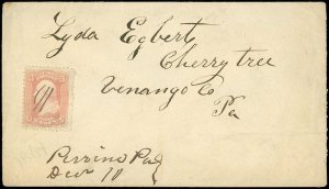 1861c Cover W/ SC #65b ROSE PINK, Sent From PERRINE - CHERRY TREE, PENNSYLVANIA!