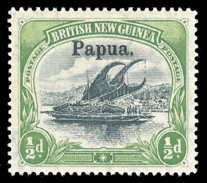 Papua 1906 Lakatoi ½d black & yellow-green (thin paper - C) MLH. SG 21. Sc 11.