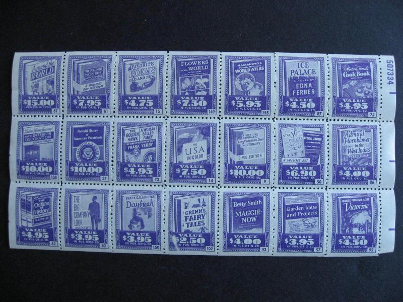 Old 1956? book stamp labels,full pane of 21 some faults but still interesting! 