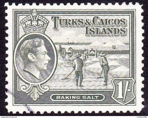 TURKS & CAICOS ISLANDS 1945 KGVI 1/- Grey-Olive SG202a FU