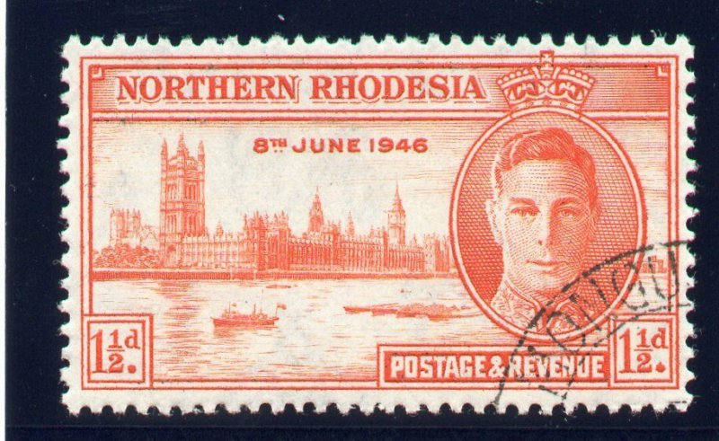 Northern Rhodesia 1946 KGVI Victory 1½d red-orange (p13½) VFU. SG 46a. Sc 46a.