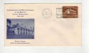 1932 EMBOSSED GEORGE WASHINGTON BICENTENNIAL ENV. FDC U524-3 RICE MOUNT VERNON