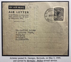 1949 St Georges Bermuda Stationery Air Letter Cover To Belfast North Ireland