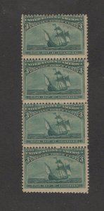 Scott 232 - Columbian 3 Cent. Strip Of 4. MNH.OG. Minor Gum Stains.   #02 232vp