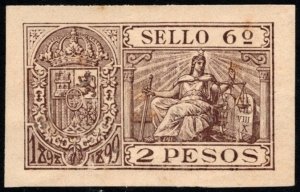 1898-1899 Spanish West Indies Revenue Sello 6 Two Peso Document Stamp MNH