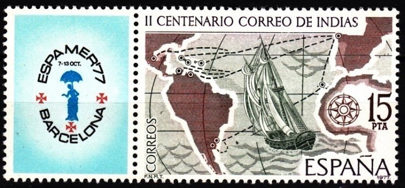SPAIN 1977 Philately: Stamp Expo ESPAMER'77. Map Ship. With Label, MNH
