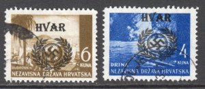 CROATIA HVAR UNLISTED LOCAL OVERPRINT SOUND VF POSTALLY USED x2 #2