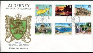 Alderney 1-12 two FDC. Mi 1-12. 1983. Landscapes, Map, Arms, Yachts, Bird, Tower