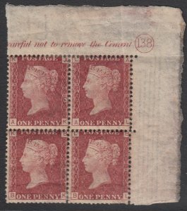 SG 43 Great Britain 1864-79. 1d red plate 138 top right hand block of 4...