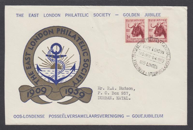 South Africa Sc 201, 1p brown lake Gnu on 1959 National Stamp Exposition cover