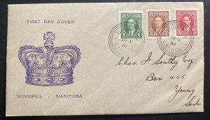1937 Winnipeg Canada First Day Cover FDC Coronation King George VI KG6 To Sask