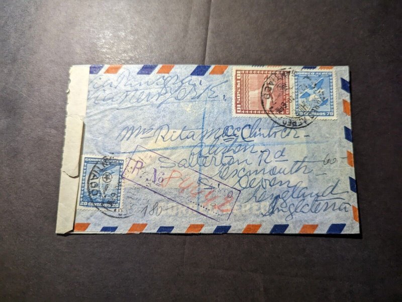 1940 Censored Registered Chile Airmail Cover Santiago to England