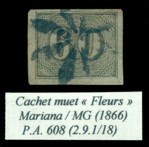 BRAZIL 1850  Cat Eye  60reis black Sc # 24 used XF flower fancy cancel (Mariana)