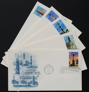 U.S. Used #3787 - 3791 37c Lighthouses Set of 5 ArtCraft First Day Covers