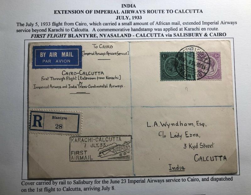 1933 Blantyre Nyasaland First Flight Airmail Cover FFC To Calcutta India