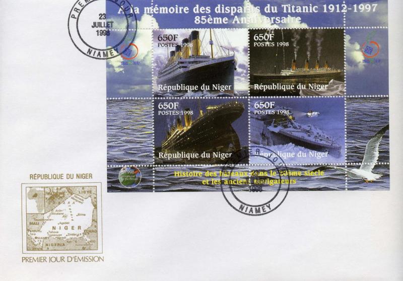 Niger 1998 The Titanic Sheet (4) Perforated FDC