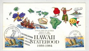 1984 COLLINS HANDPAINTED DUAL FDC HAWAII STATEHOOD #2080 & CAPTAIN COOK CANCEL