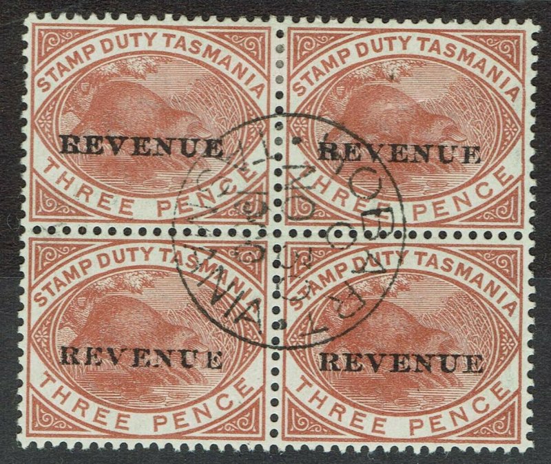 TASMANIA 1900 REVENUE OVERPRINTED 3D BLOCK USED LAST DAY OF POSTAL VALIDITY