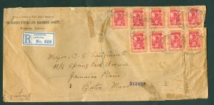 Jamaica. 1924. Comm, Reg. Insurance. 8 Block+1. 1D. Arawak Woman. See Condition.