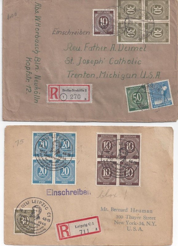 GERMANY US 1945 TWO ALLIED OCCUPATION REGISTERED COVER BERLIN & LEIPZIG TO NY &