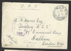 UK GREECE 1919 WWI FIELD POST OFFICE COVER FROM SALONICA TO LONDON