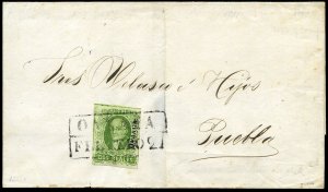 Mexico #3, 1856 2r yellow green, Oajaca, on outer folded letter addressed t...