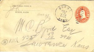 United States Kansas Burns 1909 duplex  Postal Stationery Envelope.