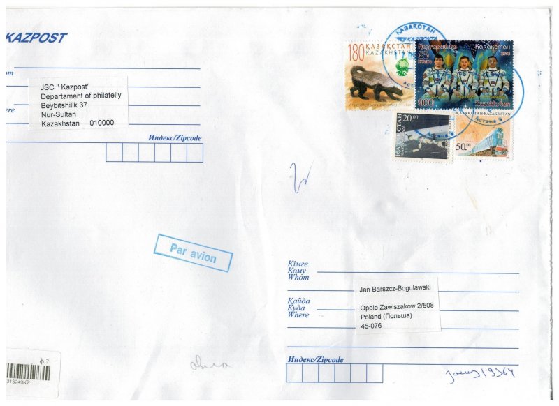 Kazakhstan 2020 Registered Cover to Poland Stamps Space Astronauts Train Animals