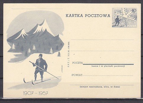 Poland, 1957 issue. 50 years of Skiing. Skier Postal Card. ^