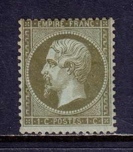 FRANCE — SCOTT 22 — 1862 1c OL. GRN. ON BLUE NAPOLEON III — MH — SCV $140