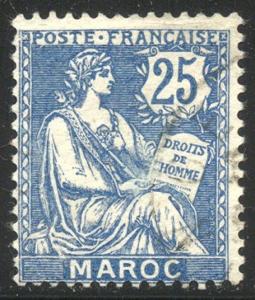 FRENCH MOROCCO #81a Used - 1918 25c Blue, Overprint Omitted