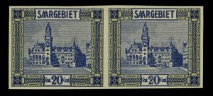 Saar #104 (MI. 88U) Cat€140, 1922-23 20c dark blue and lemon, imperf. horiz...