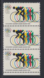 US Sc 1460 MNH. 1972 6c Olympic Games, Strip w/ Broken Red Olypmic Ring Flaw